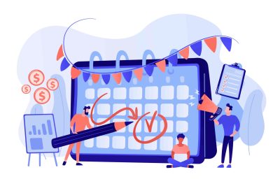 Colleagues preparing for corporate party. Time management, deadline. Brand event. Event brand management, sponsored event organization concept. Pink coral blue vector isolated illustration